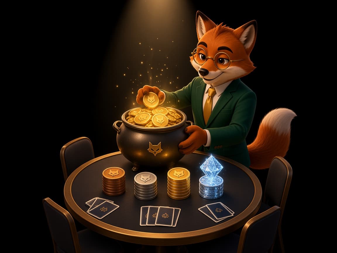 Felix the fox dealing at a four-seat table, sweeping a pot of gold coins past bronze, silver, gold and diamond coin stacks