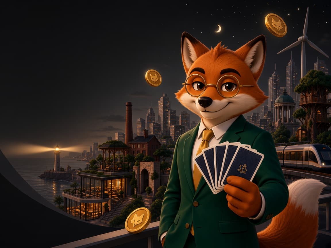 Felix the fox in an emerald suit holding a hand of cards above the Deal Empire city at night