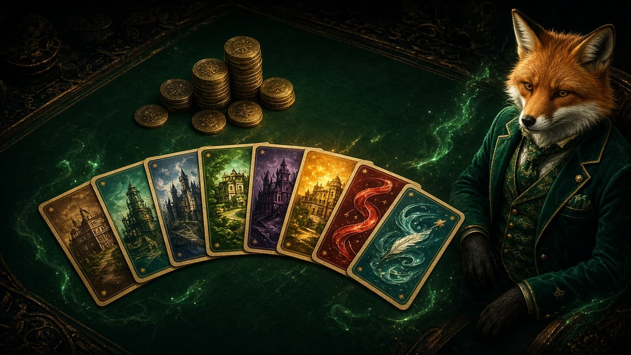 Deal Empire table with property cards, Mynt chips, and Felix the fox